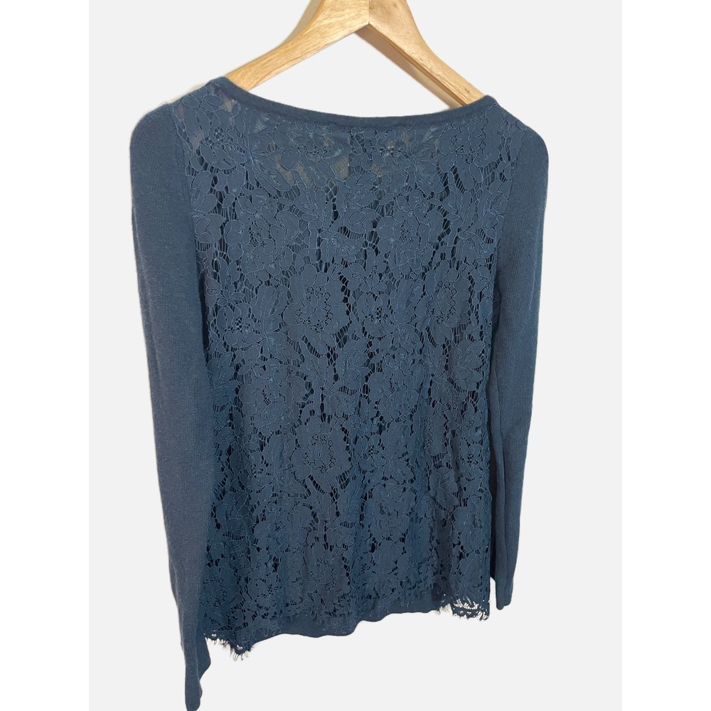 White House Black Market Sweater Womens S Teal Blue Lace Back Floral Romantic